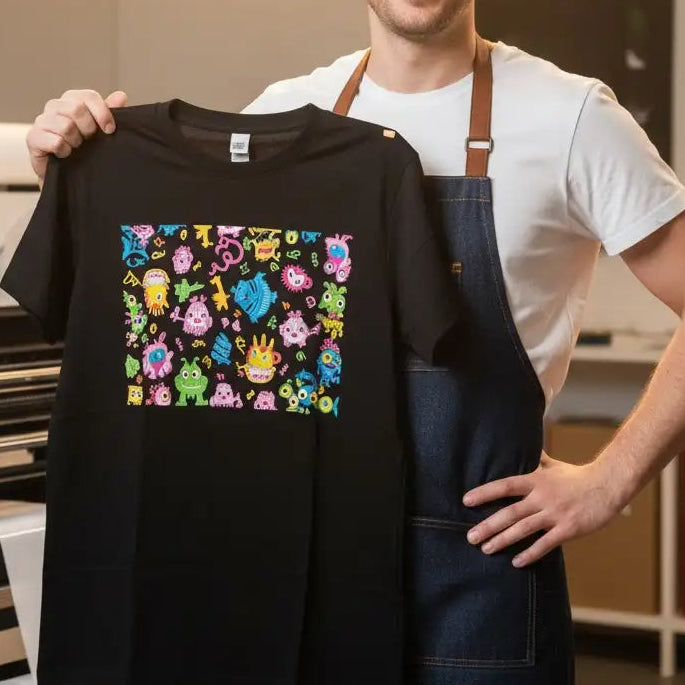 Man holding a black t-shirt with colorful design in a printing studio.